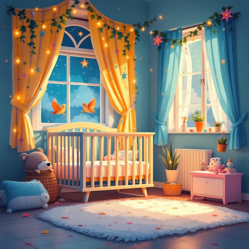 Example card: New Baby -- A cozy, softly lit nursery scene