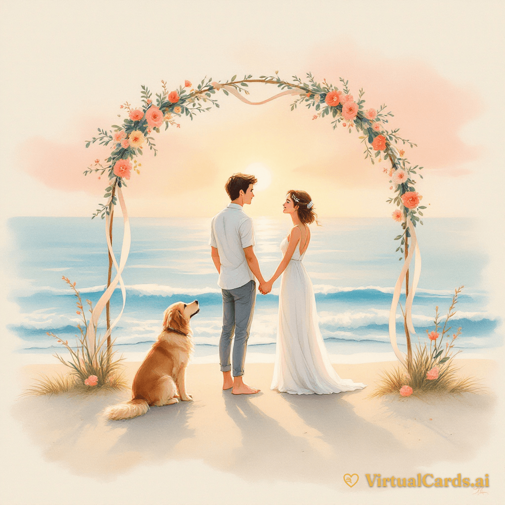 Wedding Day card for Lauren & Matt, Watercolor Storybook style