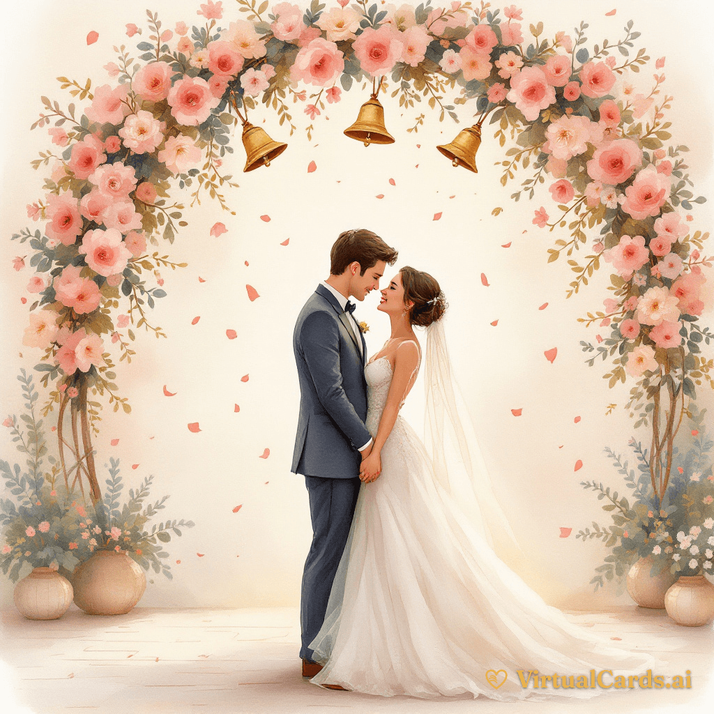 Congratulations Newlyweds card for Olivia & James, Watercolor Storybook style