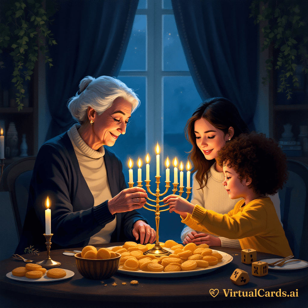 Hanukkah card for Grandma Ruth, Watercolor Storybook style
